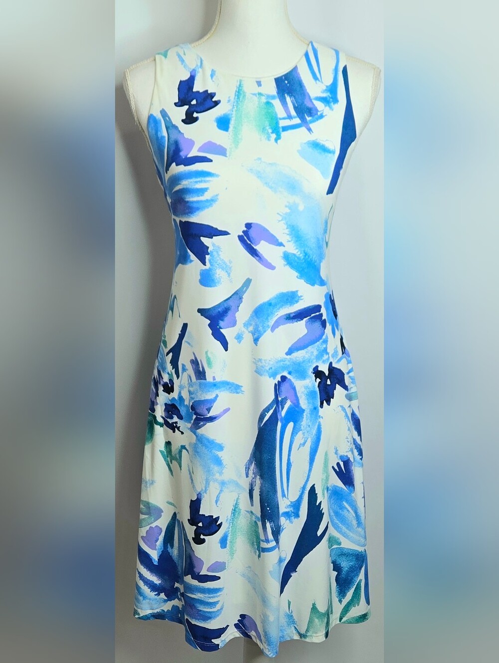 Anne Klein Blues Painted Watercolor Floral A-Line Career Dress NWOT Size 8
